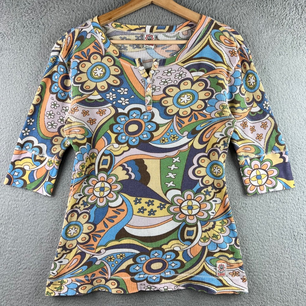 Y2K Lucky Brand Womens Psychedelic Floral Waffle Knit Henley Top Size M